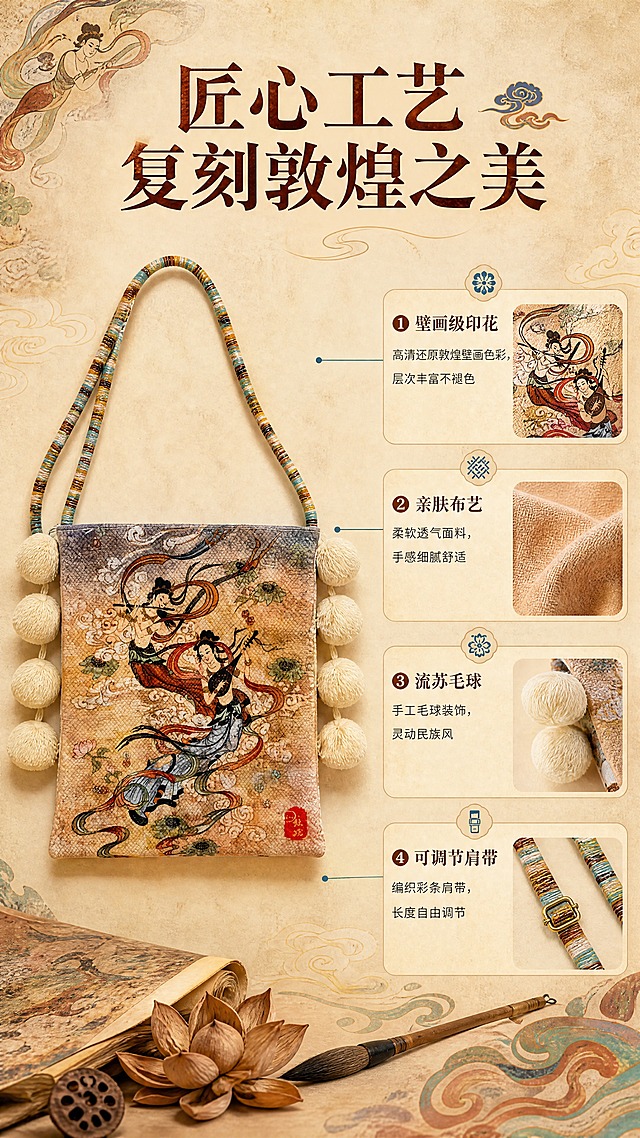 [商品] 使用【图1】飞天乐伎款敦煌布艺斜挎包；保留方形包型、飞天奏乐印花图案、双侧米白毛球流苏、彩条编织肩带、红色印章Logo，不改变结构、颜色和材质；商品处理：自然理顺包型，增强布艺纹理清晰度、毛球蓬松感、肩带编织质感，去除杂光。
[画面] 页面目标：设计灵感与工艺细节解析，展示四大核心卖点。构图：竖版9:16，左侧放大展示包身印花细节，占画面约45%；右侧上下排列4个工艺卖点模块，每个模块配小图+文字说明；背景为米黄色宣纸质感，叠加淡墨祥云纹样与敦煌壁画边角纹饰；画面底部点缀干莲花、毛笔、卷轴等国风道具，形成文化氛围。
[视觉] 套系策略：风格=敦煌国风新中式商业摄影，复古壁画质感；标题字=宋体衬线粗体，带轻微岩彩肌理；正文字=简洁黑体；主色=敦煌暖橘赭石色；背景延展=基于暖橘赭石做深浅层级、岩彩肌理、宣纸质感渐变；强调色=石青蓝，仅用于小面积图标、引线和装饰标签；标题色=深赭石色；正文色=暖棕褐色；组件=圆角米黄宣纸质感信息卡、细线引线、祥云纹样装饰；光影=左前侧暖柔光，均匀柔和，突出面料纹理。
[文字] 顶部主标题「匠心工艺 复刻敦煌之美」；右侧4个卖点依次为：①「壁画级印花」——高清还原敦煌壁画色彩，层次丰富不褪色；②「亲肤布艺」——柔软透气面料，手感细腻舒适；③「流苏毛球」——手工毛球装饰，灵动民族风；④「可调节肩带」——编织彩条肩带，长度自由调节。每个卖点配小图标，文字横向排版，字号手机端清晰可读，不遮挡包身主体。
[规格] 图片比例9:16竖版，4K，避免变形、错字、文字过小、冷蓝灰主色调、包型失真、印花模糊。