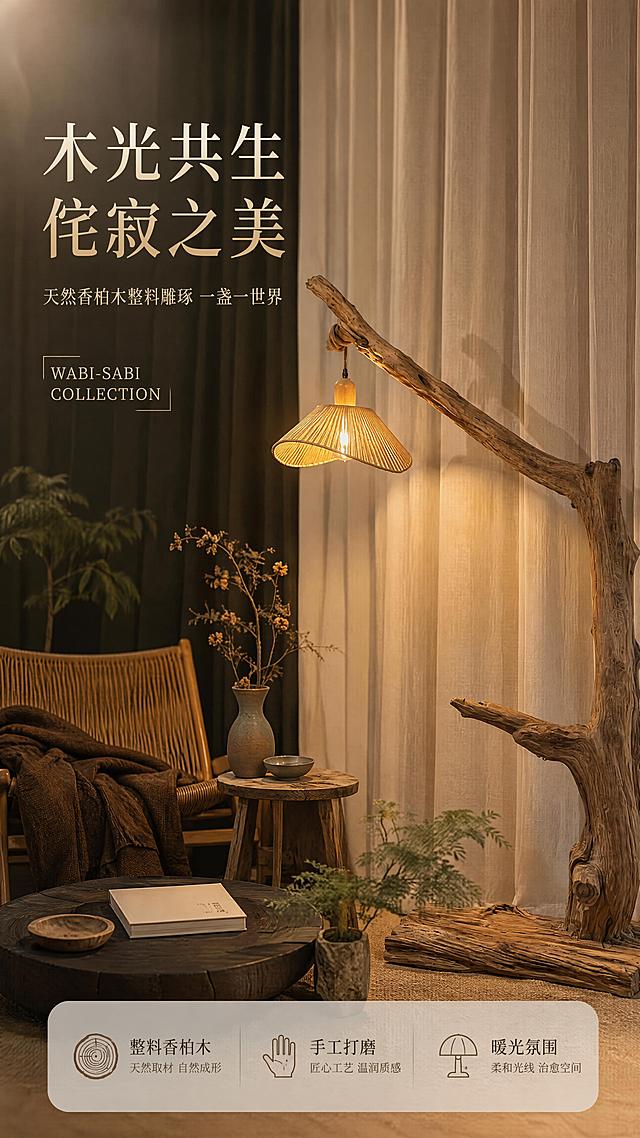 [第1屏] 详情页头图-侘寂风实木香柏木落地灯主视觉海报。本屏使用【图1】作为商品主体，保持产品物理结构、比例轮廓、材质质感、颜色与输入图一致。
[氛围/风格] 侘寂风禅意静谧氛围，暖调柔光，自然质朴，商业摄影质感，高级家居杂志感。
[元素布局] 落地灯置于画面右侧偏中位置，占比约60%-65%；左侧留标题区；背景为侘寂风茶室或民宿角落，含米白亚麻窗帘、深墨绿布帘、藤编椅、原木小边几、干花枯枝、小型绿植等≥3层软装元素；地面为暖米色地毯或水泥质感地面；灯体为天然香柏木整料，保留自然树瘤与纹理，灯罩为米黄色编织百褶伞形，暖光从灯罩内透出。
[光影质感] 左上方柔和自然光辅光，落地灯自身暖黄光为主光源，在地面与墙面形成柔和漫反射阴影；木纹肌理清晰，灯罩半透光质感真实，整体明暗层次丰富，温暖治愈。
[配色色系] 全局底色 #EFE7D8（米杏色）；主色香柏木原木棕；辅助色米白、深墨绿、暖黄灯光色。
[视角构图] 正面微侧45°视角，中景构图，景深适中，产品为视觉中心；阅读动线左上标题 → 中部产品 → 底部信息条。
[文字版式] 版式为左上标题区 + 右侧产品 + 底部通栏信息条。主标题「木光共生 侘寂之美」，副标题「天然香柏木整料雕琢 一盏一世界」，两行宋体/衬线体左对齐；标题下方英文装饰角标「WABI-SABI COLLECTION」；底部通栏三个卖点胶囊：「整料香柏木」「手工打磨」「暖光氛围」；文字不遮挡灯体主体，字号适中，移动端清晰可读。
[比例分辨率] 9:16 竖版比例，4K 分辨率，文字清晰可辨，高清画质。
[负向提示词] 灯体变形，结构错误，缺件错件，颜色偏差，水印，文字错乱，文字过小，产品图模糊，背景杂乱，现代感过强。
