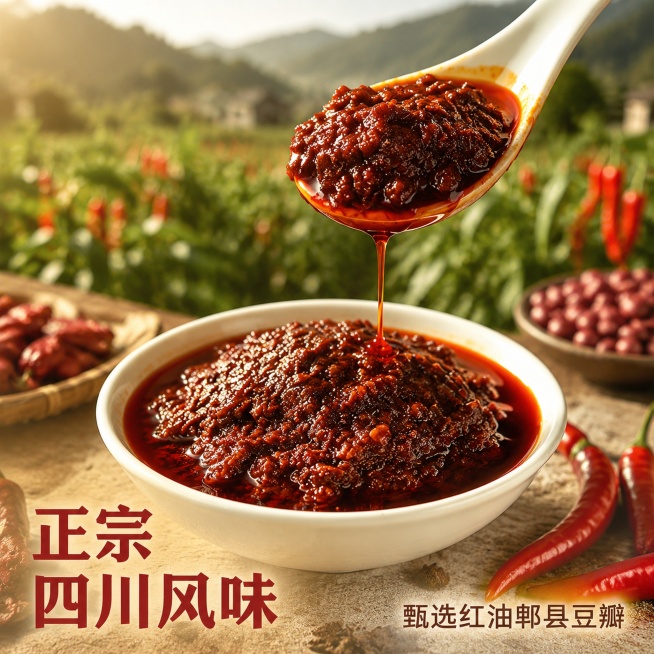 [主图-2] 招牌香辣酱细节与产地特色展示。
[氛围风格] 四川地道风味真实感，浓郁食材质感；
[画质] 商业摄影质感、光线柔和通透、产品清晰真实、画面干净高级。
[元素] 画面主体为勺子舀起香辣酱的预览效果