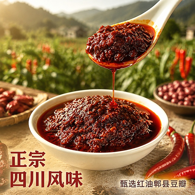 [主图-2] 招牌香辣酱细节与产地特色展示。
[氛围风格] 四川地道风味真实感，浓郁食材质感；
[画质] 商业摄影质感、光线柔和通透、产品清晰真实、画面干净高级。
[元素] 画面主体为勺子舀起香辣酱的特写，浓郁酱料从勺子缓缓滴落，展示酱料细腻颗粒饱满质感，背景虚化融入四川产地红辣椒种植园模糊远景，画面前景放置完整红辣椒和郫县豆瓣原料，保持香辣酱质地与参考图一致，杜绝任何变形和色差，精细化处理。商品主体占比严格控制在65%左右；画面满屏无边框。
[光影] 自然暖阳逆光突出酱料油润通透，辣椒油亮光泽，背景远景柔和虚化，突出主体酱料质感，层次分明。
[配色] 主色调为酱料的红亮深红色，背景浅绿棕远山，点缀红辣椒鲜红色，色彩自然温暖。
[视角构图] 微距特写视角，勺子酱料为视觉中心，景深较浅突出主体纹理。
[文字版式] 左下角留安全边距，主文案大字加粗写"正宗四川风味"，颜色深红；右下角辅助文案写"甄选红油郫县豆瓣"，字体较小，颜色棕色，不遮挡主体。
[输出要求] 1:1 比例，2048*2048px，文字清晰可辨，超高清商业摄影质感；
[负向提示词] 变形，文字错乱，产品图模糊，背景杂乱，水印，电商平台Logo，不要添加logo，不要使用旗舰店，不要添加价格，极限用语和违禁词