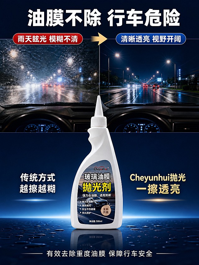 [商品] 使用【图1】Cheyunhui白色尖嘴瓶装玻璃油膜抛光剂；保留瓶身结构、白色塑料材质、尖嘴盖造型、品牌Logo及标签文字；产品真实功能方向为汽车玻璃油膜清洁。
[画面] 页面目标：痛点共鸣与功效承诺，痛点对比型。构图：上下分栏，上半部分左右对比展示痛点场景，下半部分放产品与解决方案。左侧展示雨天行车玻璃模糊眩光的真实驾驶视角（前挡风玻璃有水珠和油膜，视野朦胧），配红色痛点标签；右侧展示使用产品后玻璃清晰透亮的同款视角，视野开阔。下方居中放置产品瓶身，占画面约30%。背景为深蓝渐变，营造夜间/雨天行车氛围。
[视觉] 套系策略：风格=抖音电商详情页商业摄影风 洁净通透高级感；标题字=现代无衬线粗黑体 大字醒目；正文字=简洁无衬线黑体；主色=深海蓝；背景延展=基于深海蓝做深浅层级 同色渐变 玻璃/水面反光质感；强调色=暖金色+警示红（仅痛点标签用）；标题色=白色；正文色=浅灰白；组件=圆角对比标签、分割线、箭头指示；光影=对比画面真实行车光影，产品区正面柔光，整体偏暗调突出对比效果。
[文字] 顶部居中主标题「油膜不除 行车危险」白色粗体大字；上半部分左侧红色标签「雨天眩光 模糊不清」白字，右侧蓝色标签「清晰透亮 视野开阔」白字，中间黄色箭头指向右方；下半部分产品两侧配文字：左侧「传统方式 越擦越糊」，右侧「Cheyunhui抛光 一擦透亮」金色字。底部一行小字「有效去除重度油膜 保障行车安全」。所有文字横排，层级分明。
[规格] 比例3:4竖版，2K分辨率，负向：变形、错字、文字过小、模糊、水印、平台logo、夸张恐吓、虚假功效承诺、产品标签错乱。