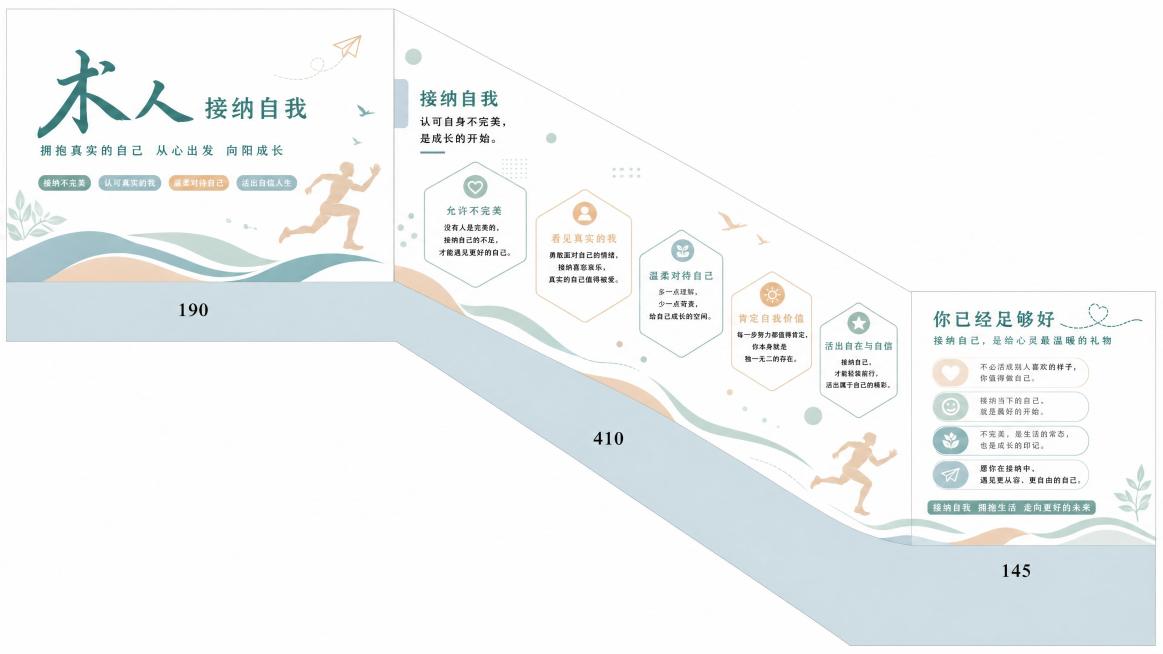 楼梯间文化墙设计，主题“术人”，参考图清新简约现代风格，莫兰迪浅色调，奔跑人物剪影装饰，内容为接纳自我主题，包含标题“接纳自我”和阐释认可自身不完美的文案，高清矢量图，文字清晰可见，内容和其他设计不重预览效果