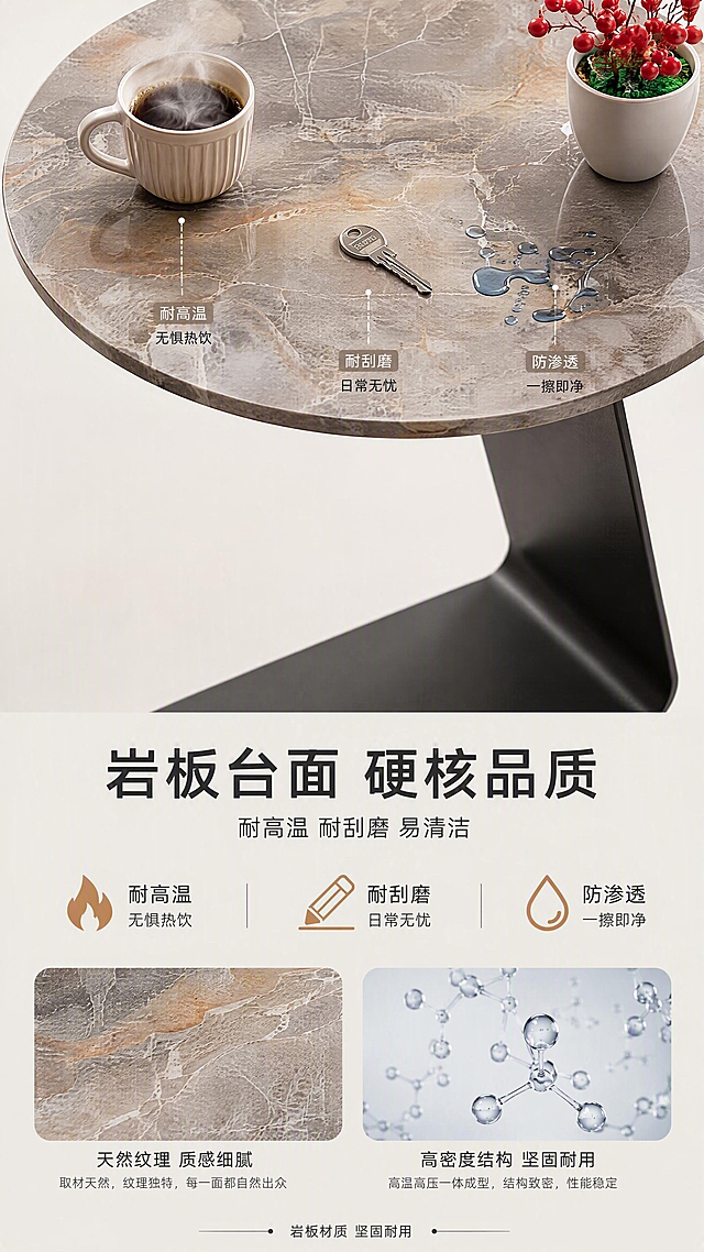 [第3张] 详情页材质解析-岩板台面耐磨耐高温特性演示。本张使用【图1】作为商品主体，重点展示台面材质，保持产品结构与原图一致。
[氛围/风格] 材质科普风，高级质感，实验室级严谨感，商业摄影微距质感。
[元素布局] 画面上半部分为边几台面俯视特写，占比约60%，展示岩板天然纹理细节；台面上做三个功能演示小场景分区：左侧放一杯冒着热气的咖啡（耐高温示意）、中间用金属钥匙轻划（耐磨示意）、右侧倾倒少量水珠（防泼示意）；下半部分为材质说明区，搭配岩板纹理放大图、分子结构抽象图标。
[光影质感] 顶部柔光均匀打亮台面，纹理细节清晰可见，水珠有通透高光，咖啡热气柔和飘渺，整体光影干净突出材质。
[配色色系] 全局底色 #F0EDE8（浅米灰）；主色岩板灰纹理；辅助色深灰文字、暖棕点缀、蓝色水珠高光。
[视角构图] 上半部分俯视特写，下半部分图文说明，上下分区构图，阅读动线从上到下。
[文字版式] 底部文字区排版。主标题「岩板台面 硬核品质」，副标题「耐高温 耐刮磨 易清洁」；下方三个图标+标签：「🔥 耐高温 无惧热饮」「✏️ 耐刮磨 日常无忧」「💧 防渗透 一擦即净」；底部小字标注「岩板材质 坚固耐用」。字体为现代无衬线体，字色深灰，图标用暖棕色。
[比例分辨率] 9:16竖版比例，4K分辨率，文字清晰可辨，高清画质。
[负向提示词] 台面变形，纹理错乱，颜色偏差，水印，文字过小，产品结构错误，背景杂乱。