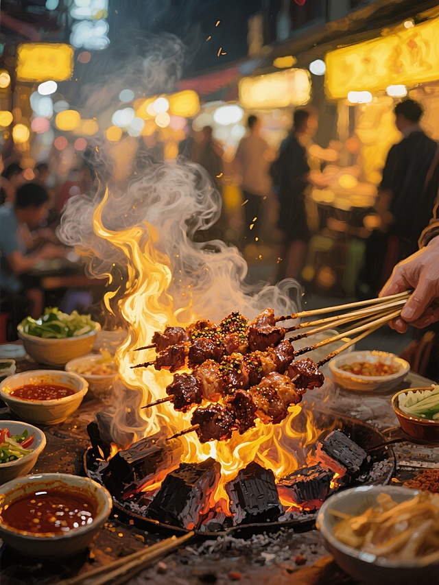 浓郁色彩的油画风格描绘热闹的烧烤夜市场景，前景是炭火上滋滋作响的烤肉串，肉质鲜嫩多汁，表面撒有香料，火焰跳跃舔舐着肉串，升腾的烟雾带着金色光晕，周围摆放着装有不同酱料和配菜的小碗，背景是虚化的暖黄色灯光和人影，整体画面充满烟火气与温暖氛围，笔触厚重富有质感，光影对比强烈，色彩饱和度高，强调食物的诱人光泽与夜市的热闹氛围。
