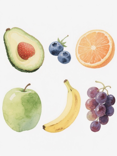 六个不同水果的水彩插画集合，保持与原图一致的清新水彩风格，包括柔和的绿色调、半透明的水彩晕染效果、细腻的笔触纹理和自然的光影表现，水果种类分别为牛油果、草莓、蓝莓、橙子、香蕉和葡萄，每个水果都以写实与艺术化结合的方式呈现，带有各自的特征细节，如草莓的种子、蓝莓的果蒂、橙子的纹理、香蕉的弧度和葡萄的串状结构，所有水果整齐排列在纯白色纯色背景上，构图平衡且具有统一的视觉美感，整体设计简洁明快，适合……预览效果