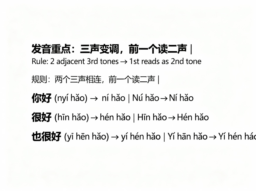 PPT 提示词：《第一课 你好 (Nǐ hǎo)》汉语入门课
整体风格：极简分栏，无图片；仅保留核心内容（对话 + 词汇 + 三声变调），文字 + 拼音 + 翻译对应展示。
第 1 页：封面 (Fēn预览效果