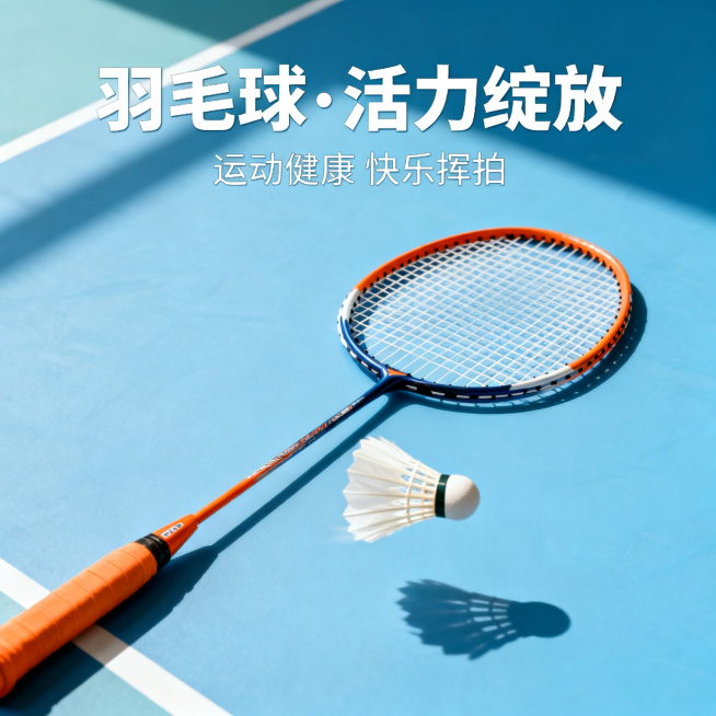 羽毛球主题微信公众号首图，充满活力的运动风格，羽毛球拍与羽毛球搭配，简洁干净的排版，适合公众号封面展示，运动健康氛围预览效果