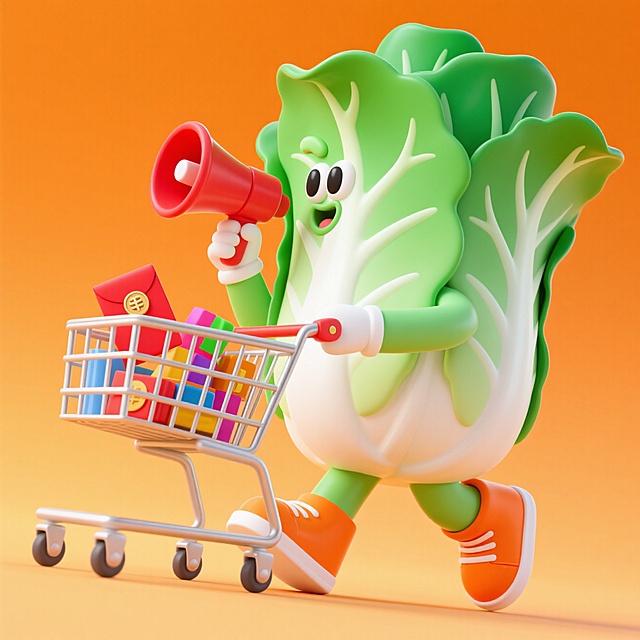 拟人化的白菜拿着喇叭推着装满红包和商品的购物车，橙色背景