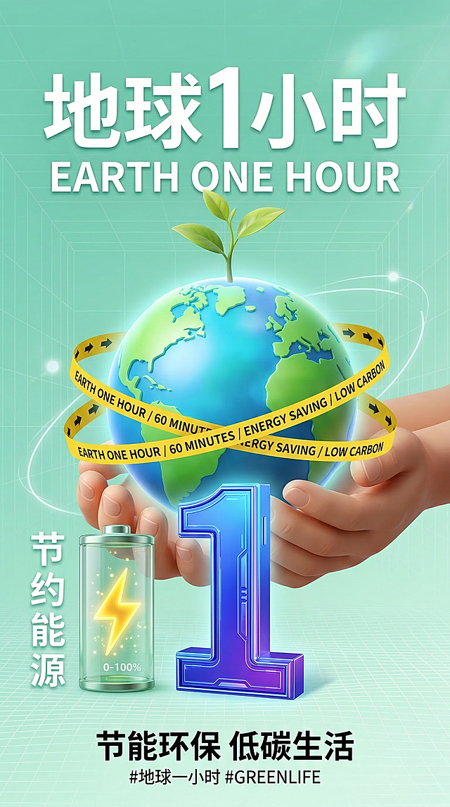 浅薄荷绿渐变网格背景的地球一小时竖版公益海报，科技节能3D风，居中构图。双手托举蓝绿地球模型，顶部生长嫩绿幼苗，前方是渐变蓝紫色立体数字 "1"，左侧是透明电池与黄色闪电符号，黄色警示带环绕地球。文字部分：顶部白色艺术字 "地球 1 小时" 与英文 "EARTH ONE HOUR"，左侧竖排白色字 "节约能源"，底部黑色字 "节能环保 低碳生活"。