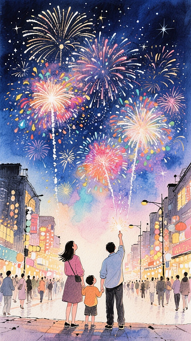 水彩风插画，梦幻绚烂的烟花点亮夜空，一家三口仰望星空，温馨喜庆，融合动漫与浮世绘元素，营造节日欢愉氛围。