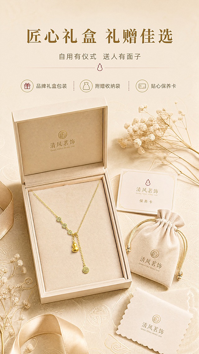 [商品] 使用【图1】清风茗饰福禄满满项链；保留金色细链、铜钱纹圆牌、葫芦吊坠、福牌流苏、抽拉可调节结构、铜镀金颜色与材质光泽；项链放置于礼盒中，商品结构与颜色不变。
[画面] 页面目标：品牌与包装，提升礼赠价值感。开箱仪式型构图，米白色品牌礼盒打开，项链置于礼盒内的丝绒托上，旁边搭配品牌卡片、绒布收纳袋、擦银布等配件；礼盒平铺俯视角度，主体占画面50%；背景为浅米色纹理桌面，散落少许干花与丝带装饰；上方留白放文案。
[视觉] 套系策略：风格=东方雅致国风轻奢商业摄影；标题字=宋体衬线粗体；正文字=简洁无衬线体；主色=暖金+米杏；背景延展=基于米杏色做深浅渐变、同色系层次与细腻宣纸/丝绸质感；强调色=朱砂红，仅用于小面积图标、引线和标签点缀；标题色=深棕金；正文色=暖灰棕；组件=圆角金线信息卡、细金线引线、葫芦/福纹小图标；光影=顶侧暖柔光，礼盒质感高级，金属光泽自然。
[文字] 上方主标题"匠心礼盒 礼赠佳选"，副标题"自用有仪式 送人有面子"；下方3个短卖点：「品牌礼盒包装」「附赠收纳袋」「贴心保养卡」；文字横向排版，不遮挡礼盒与项链主体。
[规格] 图片比例9:16竖版，4K，负向提示：避免变形、错字、文字过小、冷蓝/冷灰背景、商品颜色改变、结构失真、极限词、二维码、水印。
