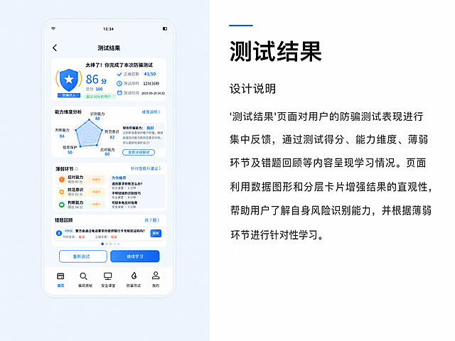 毕业设计论文UI作品展示图，左右双栏排版，画布比例4:3横版，整体简洁专业，留白充足，学术论文风格。

左侧区域（约占画面宽度45%）：背景为极浅的淡蓝色（浅蓝色背景），垂直居中放置一张完整的手机APP测试结果页面截图，截图保持原图内容、比例和视觉效果，不得修改、裁切或拉伸。截图四周留有均匀的边距，截图下方有极细的浅灰色手机外轮廓线作为装饰，非常淡雅。截图的尺寸、位置与前面页面展示图完全一致。

右侧区域（约占画面宽度55%）：背景为纯白色，为设计说明文字区，左对齐排版，内容从上到下依次为：
1. 页面标题：大号加粗黑色字体"测试结果"四个字，顶部有一条细细的蓝色短横线装饰（与慧眼APP蓝色一致），标题字号、位置与前面页面展示图完全一致。
2. 小标题：较大号字体"设计说明"四个字，颜色为深灰色，位于主标题下方，间距与前面页面完全一致。
3. 正文段落：较大字号深灰色文字（比常规说明文字放大一号，确保清晰可读），内容为"'测试结果'页面对用户的防骗测试表现进行集中反馈，通过测试得分、能力维度、薄弱环节及错题回顾等内容呈现学习情况。页面利用数据图形和分层卡片增强结果的直观性，帮助用户了解自身风险识别能力，并根据薄弱环节进行针对性学习。" 正文行间距舒适，段落宽度、字体大小与前面页面完全一致，左对齐，字体清晰无乱码。

整体配色：左侧浅蓝背景，右侧白色背景，文字以黑色和深灰色为主，仅使用慧眼APP的蓝色作为极少量辅助色（标题装饰线），不添加任何复杂装饰元素。四周留有充足留白，整体风格极简、专业、学术，符合毕业设计论文展示规范。

本页必须与前面页面展示图保持完全一致的视觉模板，包括左右栏比例、截图尺寸与位置、标题位置、字体字号、正文区域宽度、间距及装饰形式，仅替换左侧页面截图、页面标题和设计说明文字。

画面中必须完整呈现以下文字信息："测试结果"、"设计说明"、"'测试结果'页面对用户的防骗测试表现进行集中反馈，通过测试得分、能力维度、薄弱环节及错题回顾等内容呈现学习情况。页面利用数据图形和分层卡片增强结果的直观性，帮助用户了解自身风险识别能力，并根据薄弱环节进行针对性学习。"

画面中所有文字必须精确渲染，字体清晰，不得出现乱码、错位、遗漏或编造的文字。
