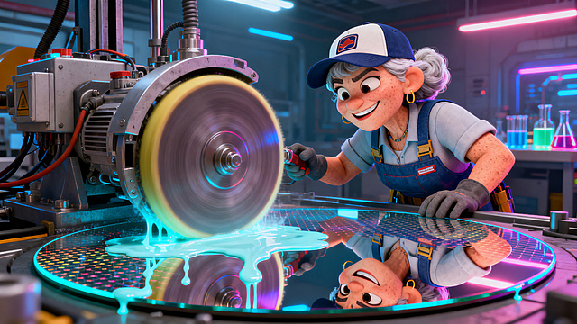 A 45-year-old sturdy female worker in industrial overalls with a backwards baseball cap. She has an obsessive-compulsive expression. She is operating a heavy futuristic mechanical polishing machine with a giant rotating pad on a horizontal circular silicon wafer floor. The machine dispenses glowing chemical slurry while grinding the floor into a perfect, flawless mirror, reflecting her face perfectly. 3D Pixar style, cyberpunk tech-wear, highly detailed, expressive, vibrant neon colors, dramatic cinematic lighting, clean high-tech background, 8k resolution, octane render