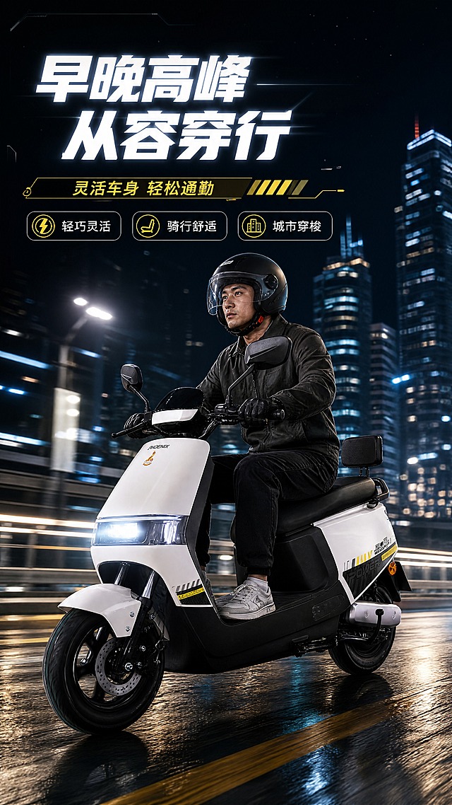 [商品] 使用【图3】【图10】凤凰电动车白黑配色整车：保留白黑烤漆车身、黄黑条纹拉花、带靠背座椅、后视镜、前后轮、PHOENIX/POWER字样及原贴花；生成亚洲成年骑手骑乘，车型结构、比例与配色不变。
[画面] 目标做城市通勤场景页：夜景城市街道，亚洲成年骑手戴头盔骑行本款电动车，车灯点亮，主体占画面55%-60%；前景路面光反射，中景骑行者与车，后景城市楼宇光斑与空间网格；暗黑科技氛围，骑行方向与车轮朝向一致，符合真实骑行逻辑。
[视觉] 套系策略：风格=暗黑科技空间风；标题字=硬朗无衬线粗体带微发光；正文字=简洁无衬线体；主色=深空黑；背景延展=深空黑至暗灰渐变、细网格光轨、星点光斑、悬浮空间碎片，保持简洁；强调色=荧光黄，仅用于小面积图标、引线、标签、数据角标；标题色=冷白；正文色=浅灰；组件=细线圆角信息卡、发光引线、数据角标、胶囊标签；光影=顶部冷白主光+青白环境光勾勒轮廓+局部荧光黄氛围光。
[文字] 主标题"早晚高峰 从容穿行"，副标题"灵活车身 轻松通勤"，3个卖点标签"轻巧灵活""骑行舒适""城市穿梭"，全部横向排版，不遮挡骑手与车身。
[规格] 图片比例9:16竖版，分辨率4K；避免变形、错字、文字过小、竖排文字、平台水印、二维码、产品颜色改变、版型失真、logo错乱、骑手与车型不匹配。