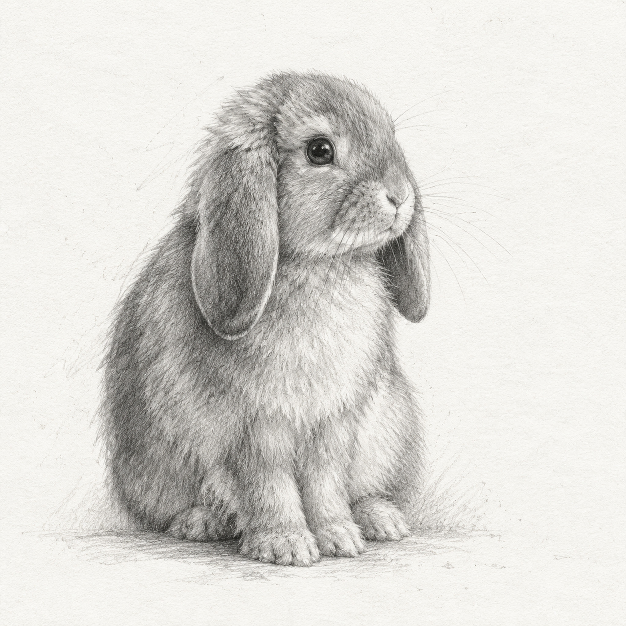一张铅笔素描风格的兔子插画，写实素描质感：一只坐姿垂耳兔，侧身… - 图片创意预览