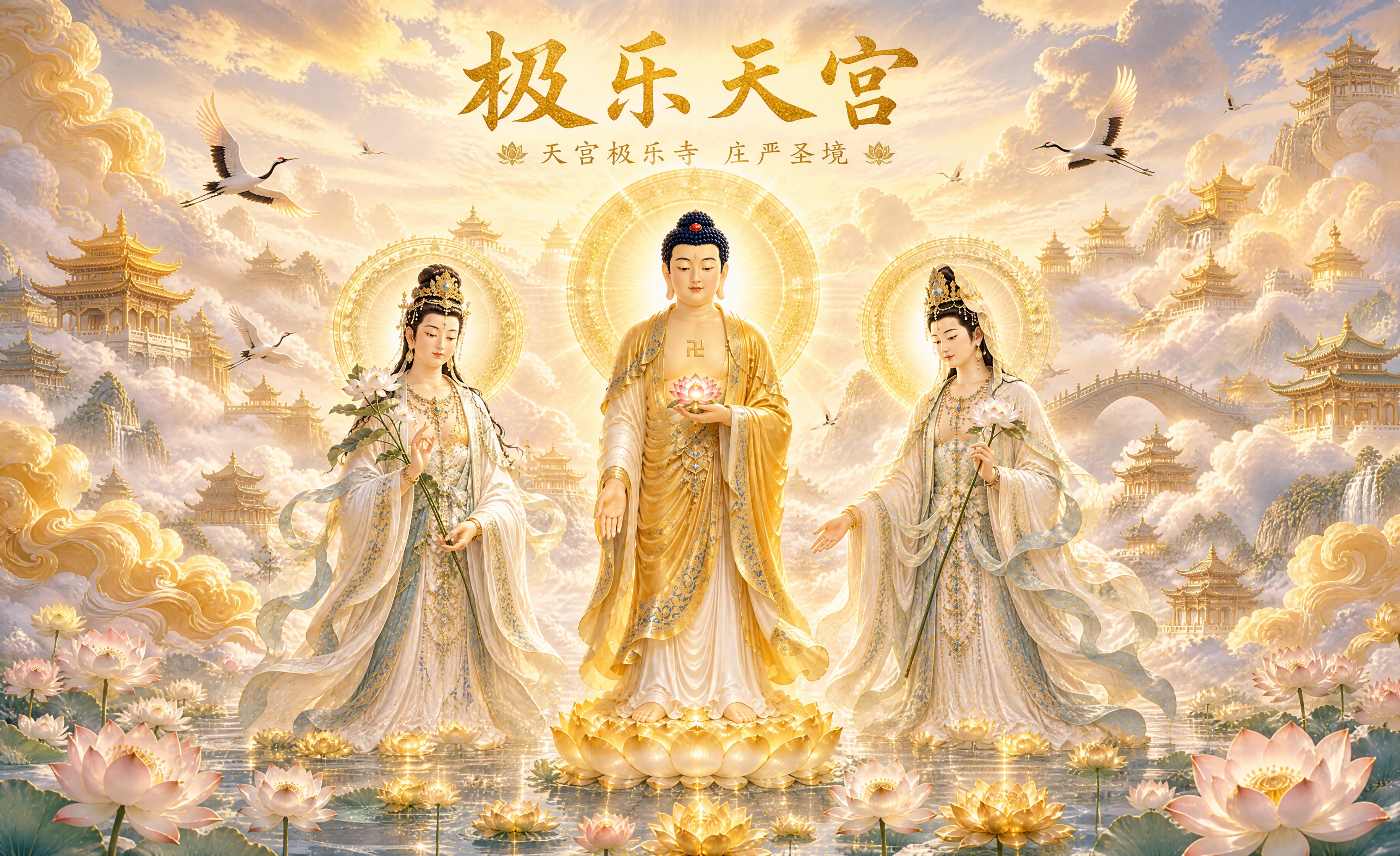 巨幅超清宗教艺术海报，天宫极乐寺庄严圣境。画面中央为金身如来佛… - 图片创意预览