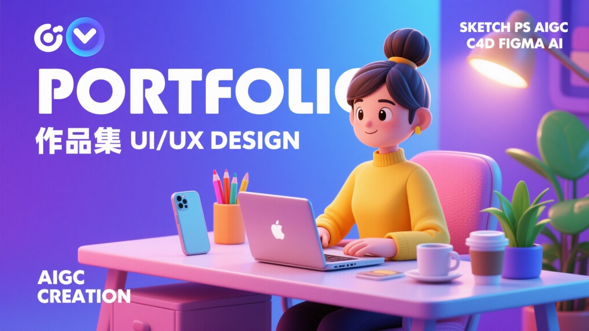 以蓝紫渐变为主色调的UI/UX设计作品集封面，左上角有“诗敏 DESIGN”标识，右上角标注“SKETCH PS AIGC C4D FIGMA AI”，核心是大型白色艺术字“PORTFOLIO”，下方预览效果