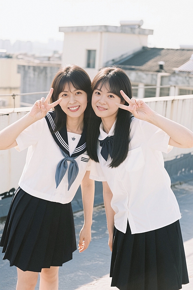 朋友合照，2个女生对着镜头单手比耶，身穿学院风制服，背景是天台