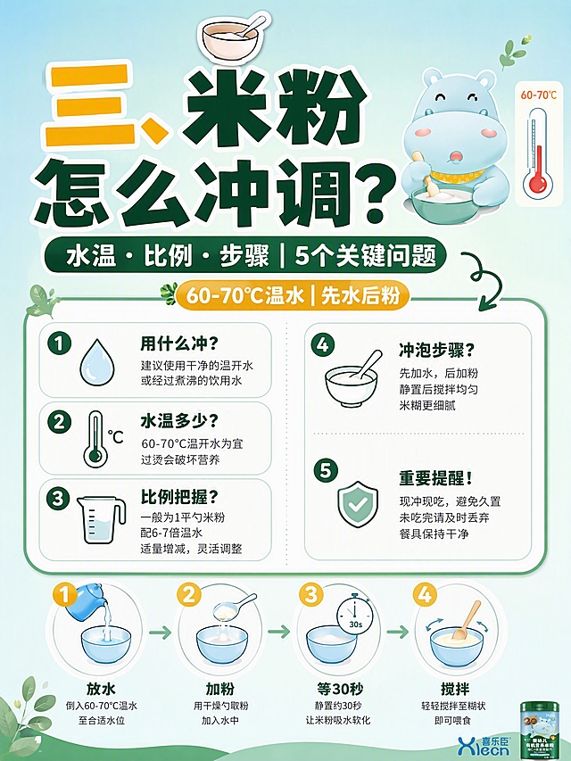 小红书笔记大字封面，插图大字，ins清新母婴科普风，版式精美，小红书笔记封面质感，适合信息流点击。主标题必须完整呈现且为画面视觉中心，逐字锁定：「三、米粉怎么冲调？」。主标题字号占画面约50%视觉权重，清晰可读，不得增删改字。副标题：「水温·比例·步骤｜5个关键问题」。装饰短句/角标：「60-70℃温水｜先水后粉」。背景：浅蓝绿色渐变底，深绿色细色块轻装饰，参考喜乐臣配色，清爽干净。标题排版：扁平粗黑体，深墨绿色主标题，序号「三」加橙黄色高亮，采用插图大字L01策略。知识要点区：画面中部用左右分栏布局，左侧3个小卡片：用什么冲/水温多少/比例把握；右侧2个小卡片：冲泡步骤/重要提醒，每个卡片配极简图标+短句，文字清晰易读。底部用4步小图标展示冲泡步骤：放水→加粉→等30秒→搅拌。插画元素：画面右上角放小型浅蓝色河马IP形象，尺寸约占画面1/10，拿着小勺子搅拌迷你碗；旁边有温度计小插画。产品软广：画面最底部角落放一个极小的喜乐臣米粉罐logo式露出，几乎不显眼，仅作软广点缀。装饰：emoji贴纸1个（🥣）放在主标题上方；另加数字序号圆圈和手绘箭头。整体氛围：实操指南、步骤清晰、新手友好。画质：高清细腻，信息层级清晰，强对比，文字安全。画面比例3:4，4K。