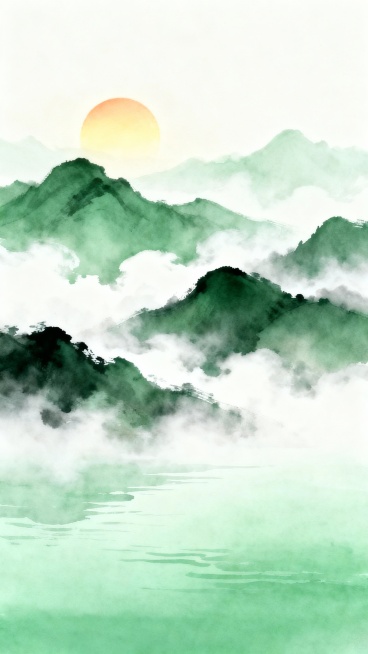 中国水墨画风格的山水意境图，以淡绿色和白色为主要色调，远处天空中一轮淡淡的橙黄色太阳，中景是层叠起伏、轮廓柔和的墨绿色山峦，山间弥漫着轻盈飘逸的白色云雾，近景为平静的浅绿色水面，水面上有细微的波纹，整体画面采用留白手法，笔触细腻柔和，营造出宁静、悠远、空灵的东方禅意氛围。预览效果