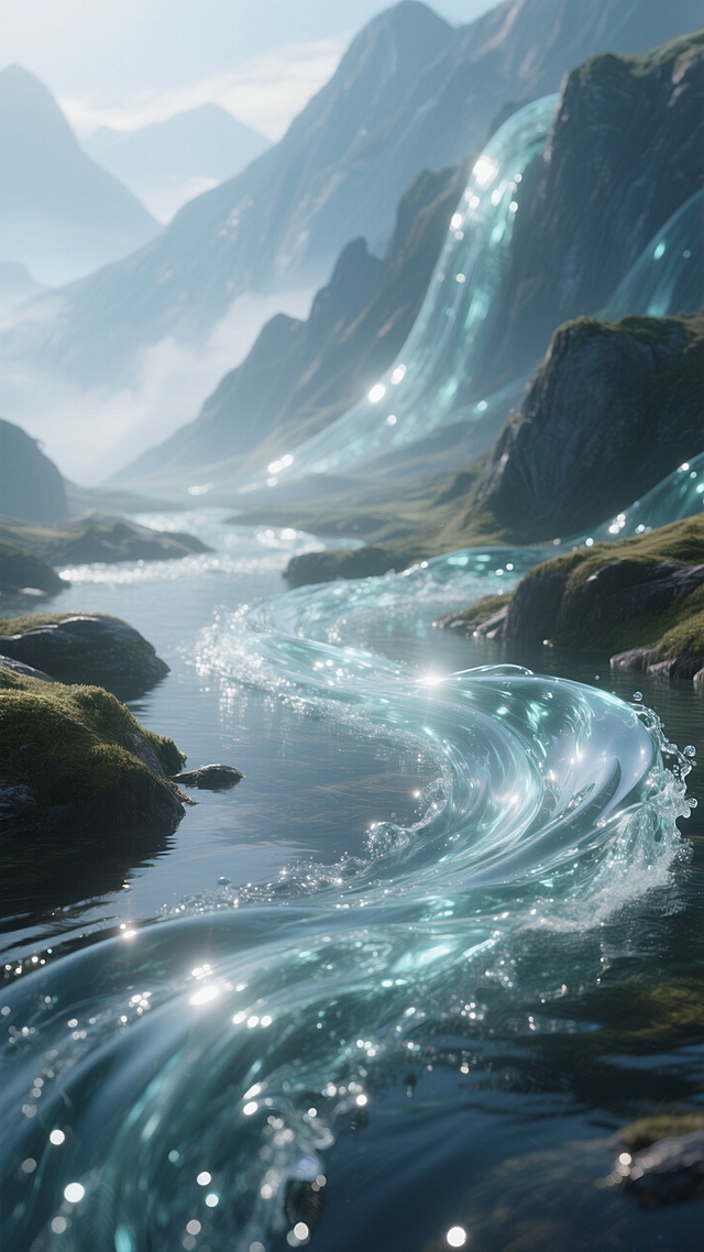 透明的水流, 光影交错, 抽象的山脉