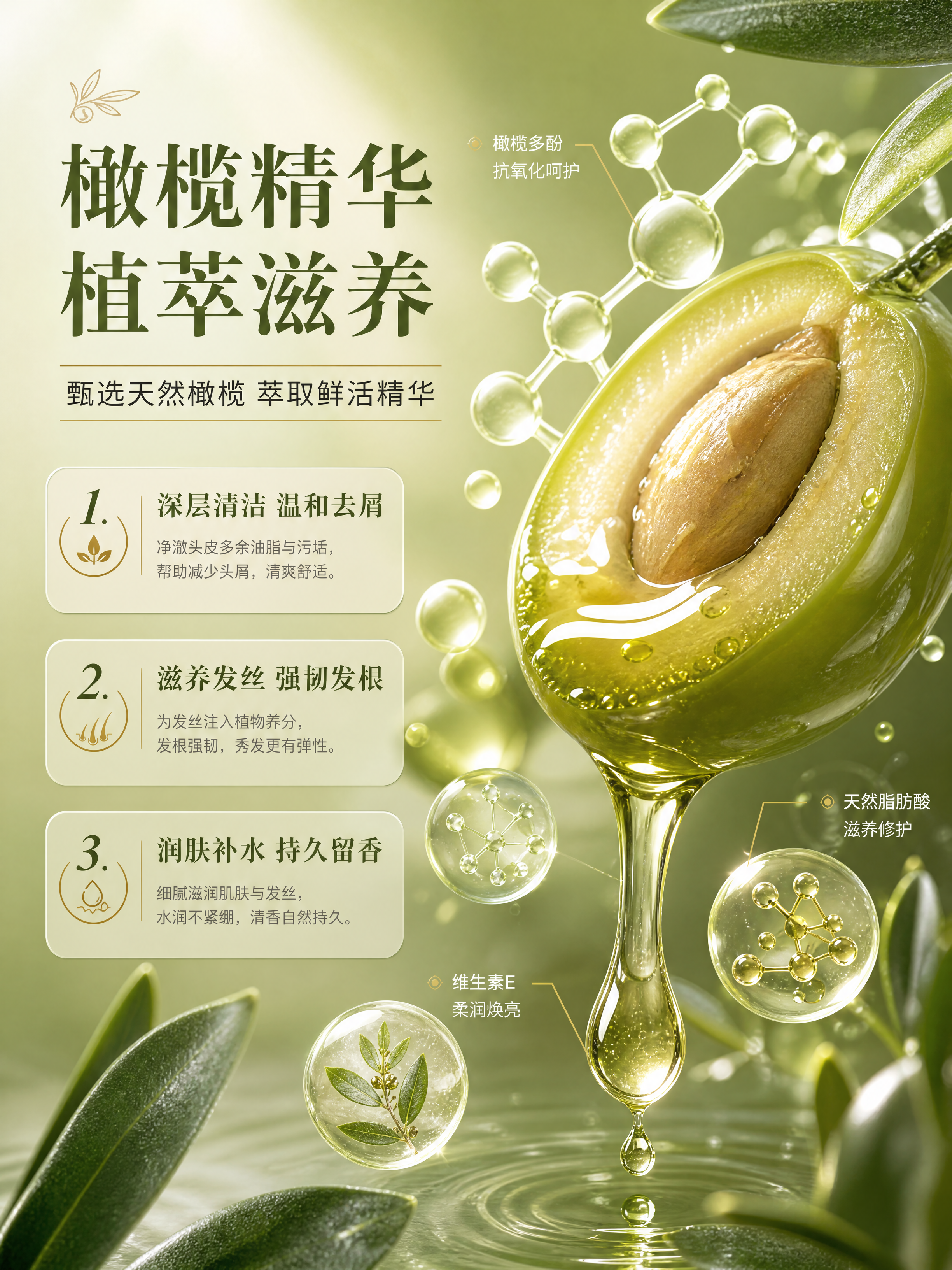 [商品] 成分机理专页，以橄榄精华原料与分子结构为核心视觉，不… - 图片创意预览