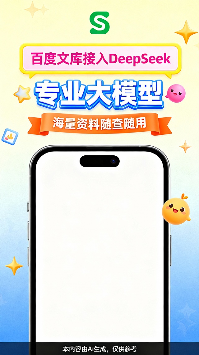 竖版上下分层广告版式，浅黄蓝渐变背景点缀星星与星形图标。顶部绿色S形logo，中间双层标题框：粉色“百度文库接入DeepSeek”配黄色边框，蓝色“专业大模型”带立体效果，下方橙色条幅“海量资料随查随用”。核心区域展示纯白手机界面，。场景聚焦健康咨询，构图纵向引导视线，焦点集中于标题与手机内容。色彩以柔和渐变为主，搭配高饱和粉、蓝、橙文字块，风格扁平化现代，点缀卡通装饰元素。底部黑色免责声明“本内容由AI生成，仅供参考”，背景简洁无冗余，突出AI健康问答场景，适合社交媒体健康类广告投放。