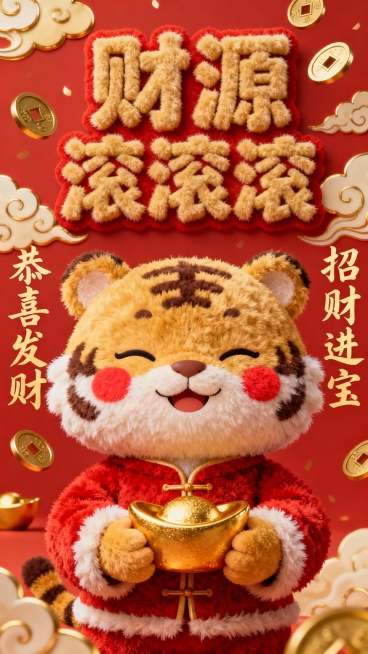 画面中心是一只穿着红色毛绒唐装、双手捧着金元宝的卡通小老虎，它闭着眼睛，嘴角上扬，脸颊带着红晕，显得十分喜庆可爱。上方有醒目的毛绒立体字“财源滚滚”，周围环绕着金色的祥云、铜钱和“恭喜发财”“招财进宝预览效果