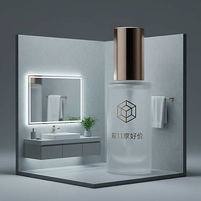 现代简约风浴室微缩场景，玻璃质感瓶身搭配金属盖，3D渲染呈现科技与清透感，双11促销信息巧妙融入，营造舒适高级的视觉体验。