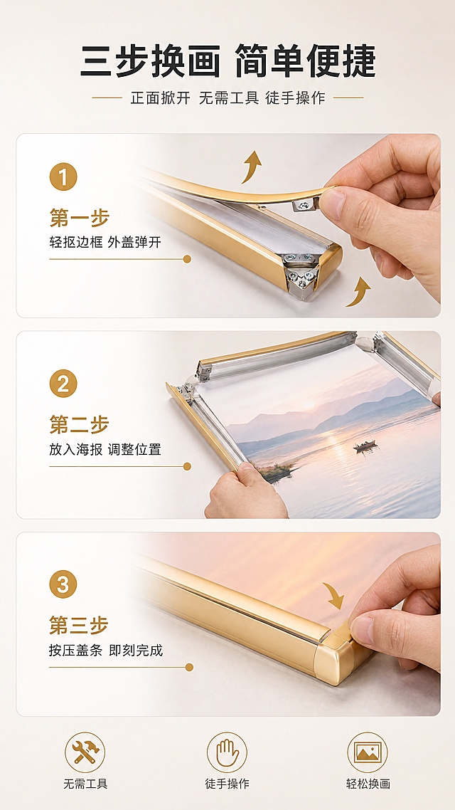 [商品] 使用【图5】金色前开式海报框作为结构参考；保留香槟金色金属质感、圆角款前开式结构、边框正面外盖条掀开设计、内部角码螺丝结构；展示完整换画操作过程，开启方式为正面四边外盖条向外掀开，非侧开或整体翻开。
[画面] 目标：安装使用页，展示正面掀开式换画操作。三步流程纵向排列构图，从上到下依次展示3个操作步骤：第1步抠开边框正面外盖条、第2步放入海报调整位置、第3步按回外盖条完成。每步配手部操作特写+金色海报框局部，动作真实自然，开启方向为正面外盖条向外掀开。产品占画面约70%，顶部标题区。背景为浅暖灰色渐变。
[视觉] 套系策略：风格=简约现代高级商业摄影风；标题字=思源黑体粗体；正文字=思源黑体常规；主色=香槟金；背景延展=基于香槟金做浅暖灰到米白的渐变，细腻哑光质感；强调色=深金色，仅用于图标、引线和标签点缀；标题色=深炭灰；正文色=中暖灰；组件=圆角浅底信息卡、细线引线、金色编号标签；光影=左前侧45度暖柔光，金属表面有细腻高光。
[文字] 顶部主标题"三步换画 简单便捷"，副标题"正面掀开 无需工具 徒手操作"。每步编号+标题+说明：「第一步 轻抠边框 外盖弹开」「第二步 放入海报 调整位置」「第三步 按压盖条 即刻完成」。编号用金色圆形底白字。文字全部横排。
[规格] 图片比例9:16竖版，4K，避免变形、错字、文字过小、冷蓝背景、产品颜色改变、开启方式错误、手部动作不自然、极限词。
