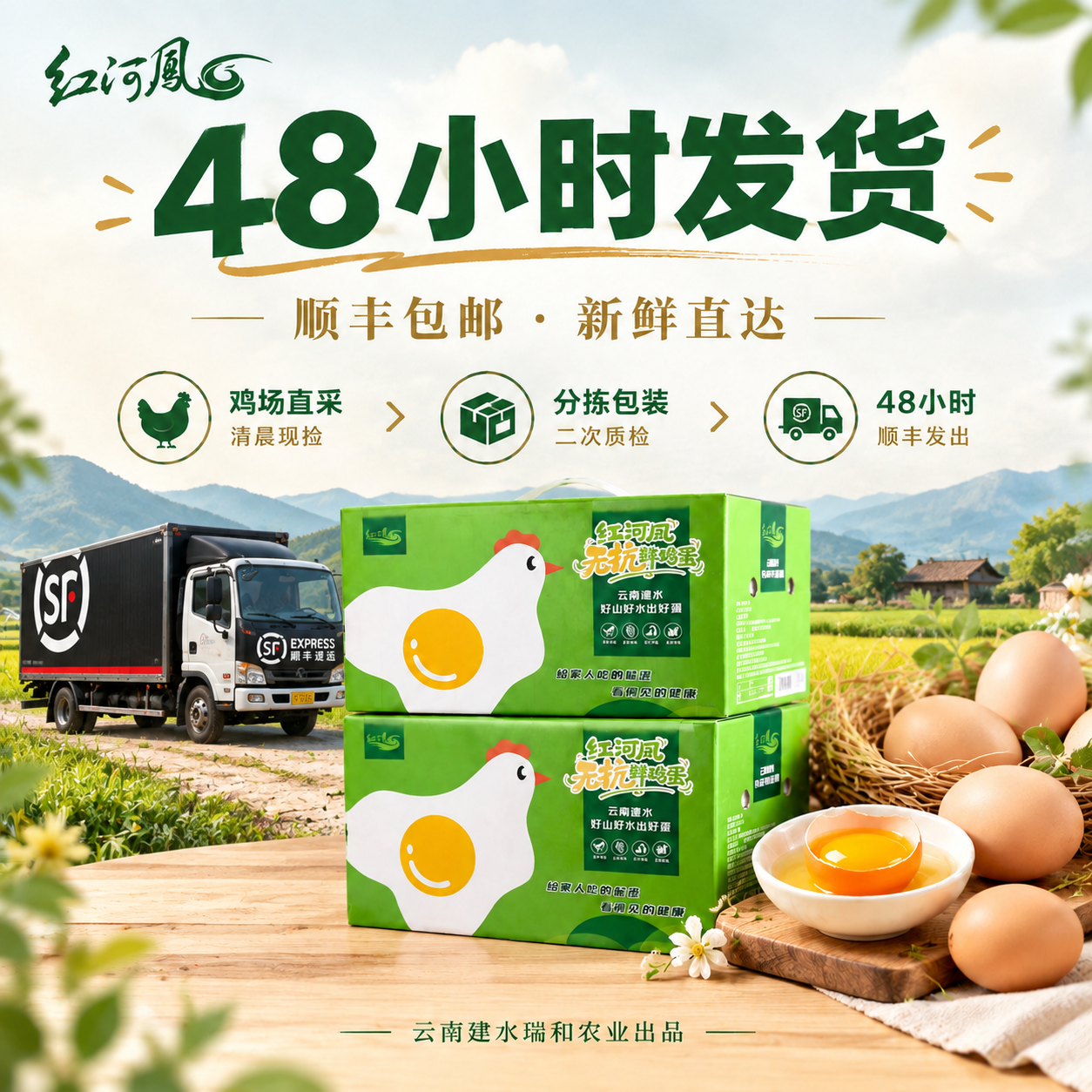 修改这张「48小时发货」宣传图： 1. 画面中叠放的两个绿色「… - 图片创意预览