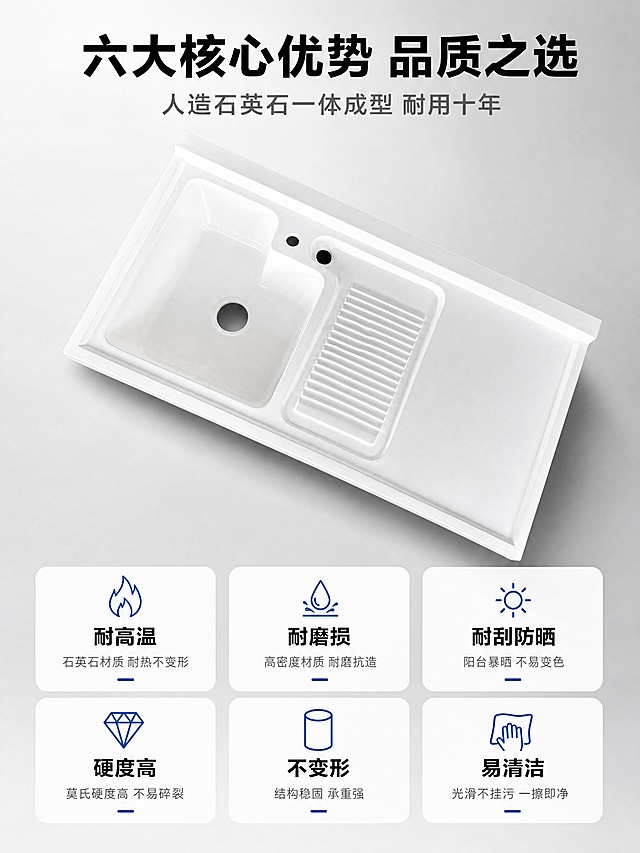 [商品] 使用【图5】白色人造石英石阳台洗衣池（俯视角度，左盆右搓板款）；保留一体成型结构、搓衣板条纹、方形深盆、挡水边、下水孔、龙头孔位、石英石材质白色外观；去除原图中地面、人物腿脚、纸板等杂乱背景，修复产品表面光影，增强石英石细腻质感。
[画面] 目标：核心卖点总览，6大卖点集中展示。构图：上方产品俯视展示区，下方6格icon卖点卡区。产品占画面约40%，居中偏上放置，悬浮于浅灰色渐变背景之上，底部有柔和投影。下方6个圆角卖点卡分2排3列排列，每卡含图标+标题+简短说明。阅读动线：先看产品全貌，再逐格阅读卖点。
[视觉] 套系策略：风格=现代简约高级商业摄影风；标题字=粗黑无衬线黑体；正文字=简洁无衬线体；主色=高级灰（浅灰-中灰-深灰渐变）；背景延展=基于灰色系做深浅层级、同色渐变和细腻石材/水泥质感；强调色=克莱因蓝，仅用于小面积标签条、图标和引线；标题色=深炭黑；正文色=中深灰；组件=圆角白色信息卡、细线引线、简约线性图标；光影=顶部均匀柔光，产品边缘清晰，底部有自然投影。
[文字] 顶部主标题："六大核心优势 品质之选"（大字号粗体）；副标题："人造石英石一体成型 耐用十年"（中字号灰色）；6个卖点卡分别为：第1卡图标火焰+"耐高温"+"石英石材质 耐热不变形"；第2卡图标水滴冲击+"耐磨损"+"高密度材质 耐磨抗造"；第3卡图标太阳+"耐刮防晒"+"阳台暴晒 不易变色"；第4卡图标钻石+"硬度高"+"莫氏硬度高 不易碎裂"；第5卡图标圆柱+"不变形"+"结构稳固 承重强"；第6卡图标手擦+"易清洁"+"光滑不挂污 一擦即净"。所有文字横排，卡片间距均匀。
[规格] 图片比例3:4竖版，4K，负向提示：避免变形、错字、文字过小、产品结构改变、人物出现、地面杂物、纸板、阴影过重。