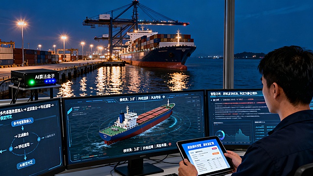 智慧港口夜间作业区，深蓝色天幕下，一艘集装箱货轮停靠在泊位旁，码头灯光在水面投下粼粼波光。一个黑色的“AI算法盒子”被安装在码头控制室外的设备架上，其金属外壳上排列着多色指示灯，其中代表数据接收与处理的绿色与蓝色灯正快速闪烁。

盒子连接的控制室内，大屏幕上分为三个核心区域。中央主画面显示着船舶三维模型与实时数据叠加图：货轮模型微微向左倾斜，旁边动态标注着“横倾角：3.8° | 持续超限 | 风险等级：中”。右侧信息流面板滚动着来自船上多个倾斜传感器的融合数据，以及“智能分析：排除波浪扰动，判定为静态倾斜”的算法结论。左侧则以流程图简洁展示着处理链路：“多传感器数据接入→滤波融合→特征提取→AI模型判定”。

画面近处，一名值班员正看向屏幕，他手中的平板设备同步亮起，弹出“船舶倾斜预警，请核查配载”的通知与详细数据报告。窗外码头上，可见货轮船体一侧的吃水线略高于另一侧，与系统分析相互印证。

整体场景笼罩在真实的港口夜色中，科技感仅通过清晰的数据可视化模型、多源信息融合界面与实时预警联动来呈现，展现AI算法盒子在复杂港口环境中，实现对船舶倾斜状态毫秒级感知、智能研判与精准预警的可靠能力。