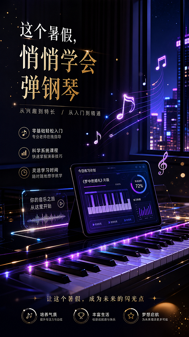 9:16竖版，中国国内信息流广告图，深色系高级感设计，黑紫色、深蓝色、暗金色光影搭配，现代极简风，轻奢科技感，电影级光影，高级UI视觉，无人物，高清细节，适合抖音、视频号、小红书信息流投放，主题为"学生暑假学钢琴"，画面统一包含钢琴键盘、漂浮音符、霓虹光效、科技界面、粒子光点元素，场景为深色房间中发光钢琴键盘与平板设备，窗外夏夜霓虹光线映入，营造安静沉浸式学习氛围，配文案"这个暑假，悄悄学会弹钢琴"