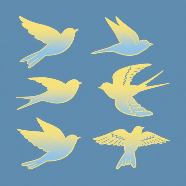 纯黄色渐变手绘风格飞鸟图案集合，6款完全不同形态的蓝色系鸟类剪影，每款均采用简洁流畅的线条勾勒，翅膀与尾羽带有细致的锯齿状纹理，整体造型轻盈灵动，保持统一的单色渐变填充和简约手绘质感，规整排布于纯色背景上，风格统一且元素各异，呈现出系列化的装饰图案设计感。预览效果