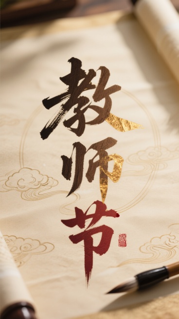 “教师节” 三个字设计成极具古典韵味的书法字体，仿佛是用饱蘸墨汁的毛笔在宣纸上一气呵成书写而成。笔画粗细变化自然且富有节奏感，起笔藏锋，收笔回锋，尽显古朴典雅之态。“教” 字以深褐色为主色调，犹如历经预览效果