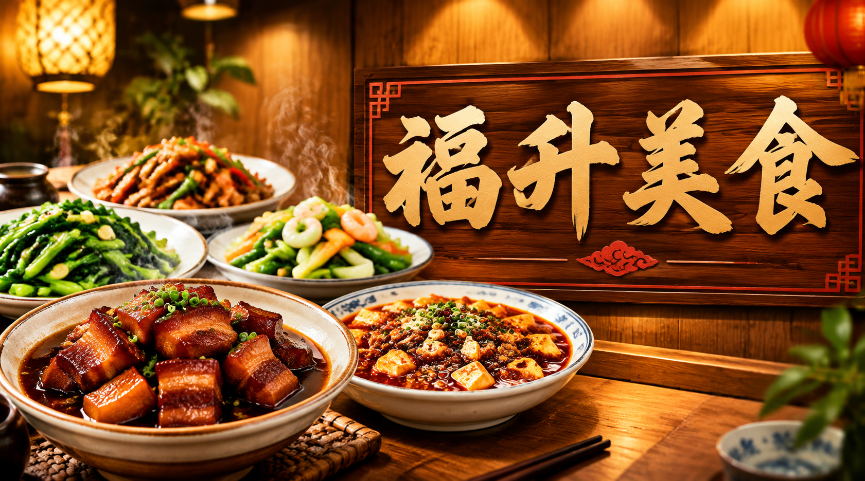 福升美食店招设计，写实风格，小炒菜馆招牌。画面左侧是热气腾腾的… - 图片创意预览