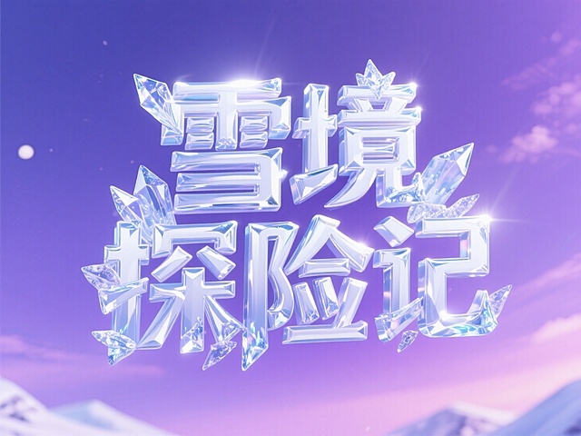 梦幻紫调背景中，冰晶质感的3D字体“雪境探险记”闪耀着清透光芒，重拟物与玻璃风结合，营造出虚拟现实般的冰雪奇境。