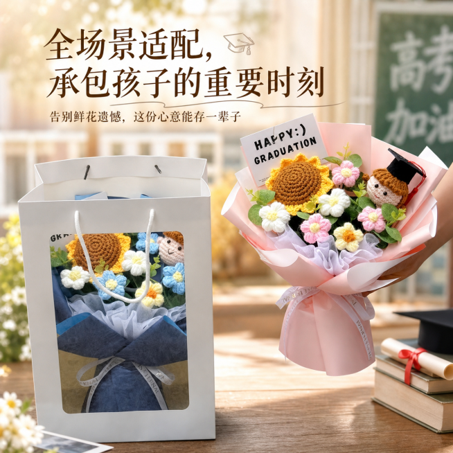 保持原有高考一举夺魁花束和礼品袋产品完全不变，更换为温馨且和高考毕业主题相符的背景，突出花束产品，添加文案“全场景适配，承包孩子的重要时刻”和“告别鲜花遗憾，这份心意能存一辈子”，文字不遮盖花束，整体预览效果