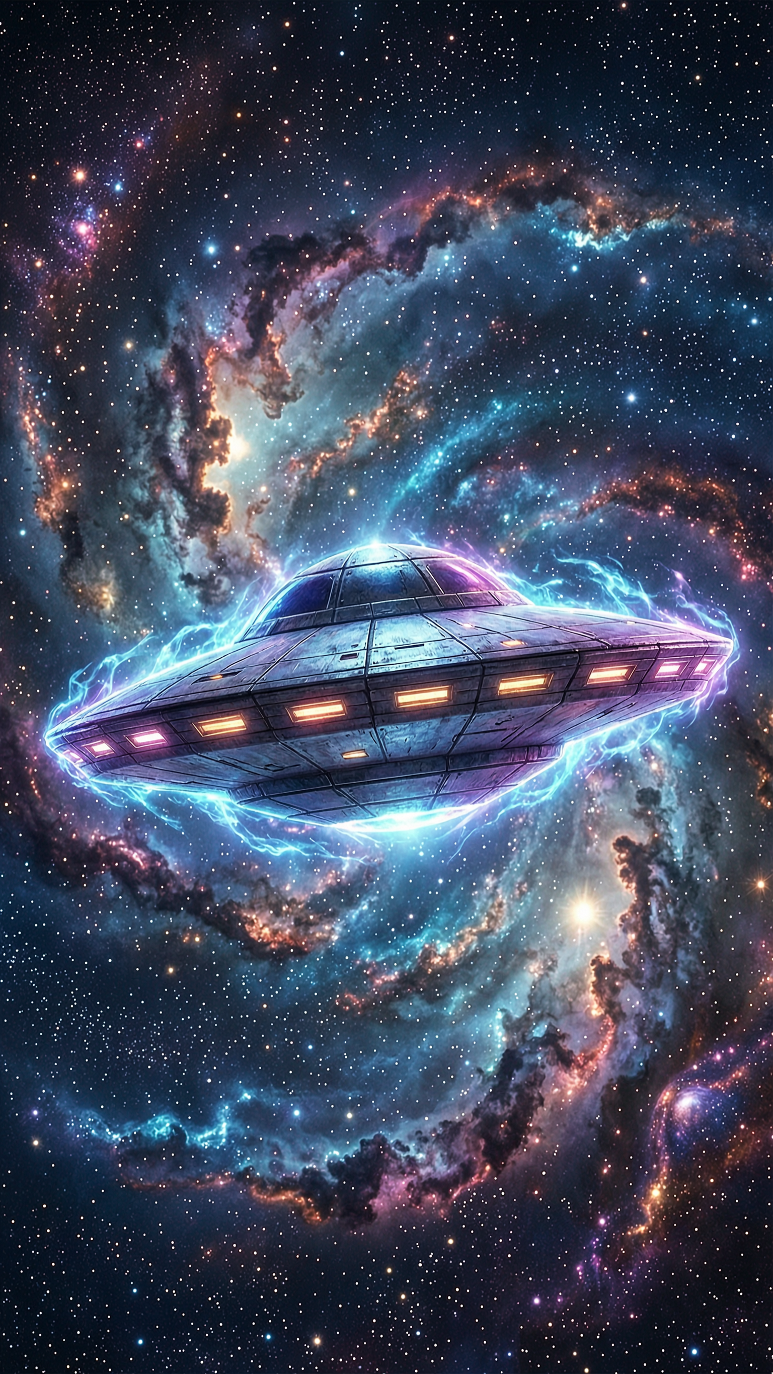 一张UFO（不明飞行物）的科幻风格图片，飞碟造型，悬浮在夜空中… - 图片创意预览