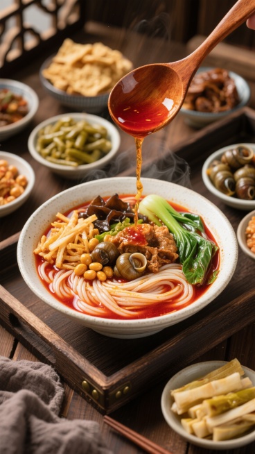 一张精心布置的螺蛳粉美食摄影，主视觉为一个白色粗陶碗盛着热气腾腾的螺蛳粉，Q弹的米粉浸在红亮的汤底中，点缀着酸笋、炸黄豆、木耳丝、青菜和大块螺蛳肉，一只木勺正将浓郁的红油缓缓浇在粉上，油汁滴落的瞬间动感十足。碗的周围摆放着多个精致的小碗配菜，包括酸豆角、炸腐竹、螺蛳、卤味和切成段的酸笋，所有食材色彩鲜艳、层次分明。深色木质托盘和桌面营造出温暖质朴的氛围，光线从斜上方照射，突出食物的质感和光泽，……预览效果