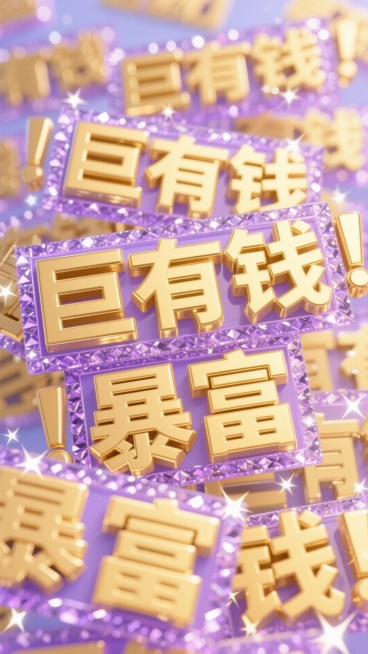 浅紫色透明背景上，大量 “巨有钱”，“暴富”， 文字以鎏金金色立体字粗体（带闪光砖石外框）文字色泽光亮，有闪闪的星光，重复密集，重复交叠，交错叠放预览效果