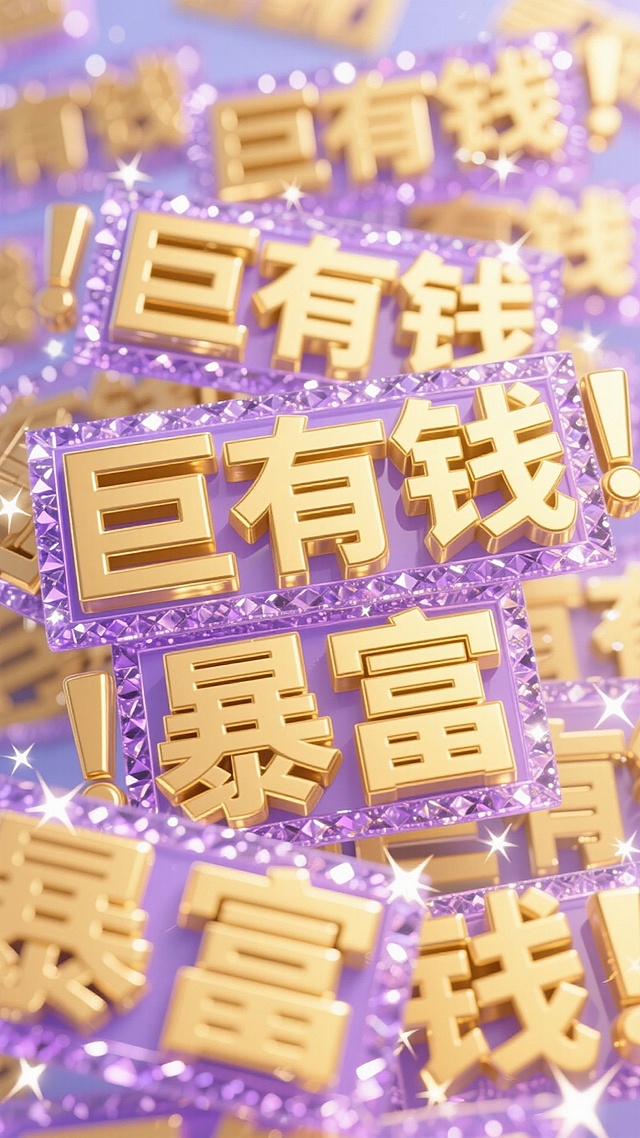 3D鎏金大字搭配紫色水晶边框，金属质感与闪耀星光交织，营造奢华梦幻的喜庆氛围，传递暴富祝福。