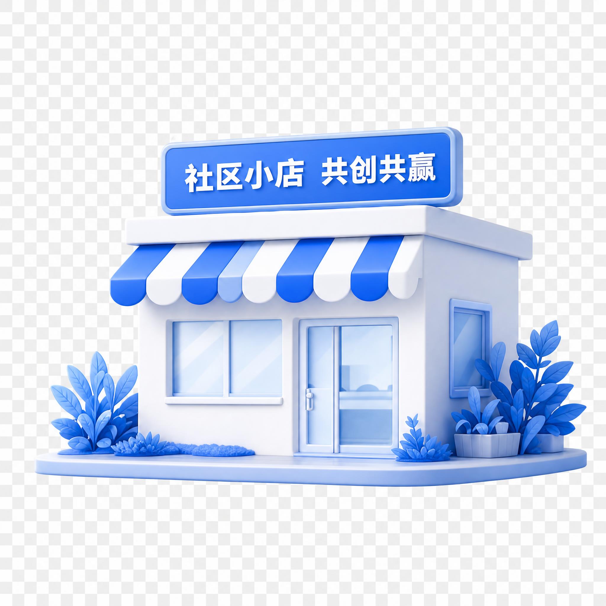 3D立体风格的社区小店图标，蓝白色系，与参考图造型完全一致：带… - 图片创意预览
