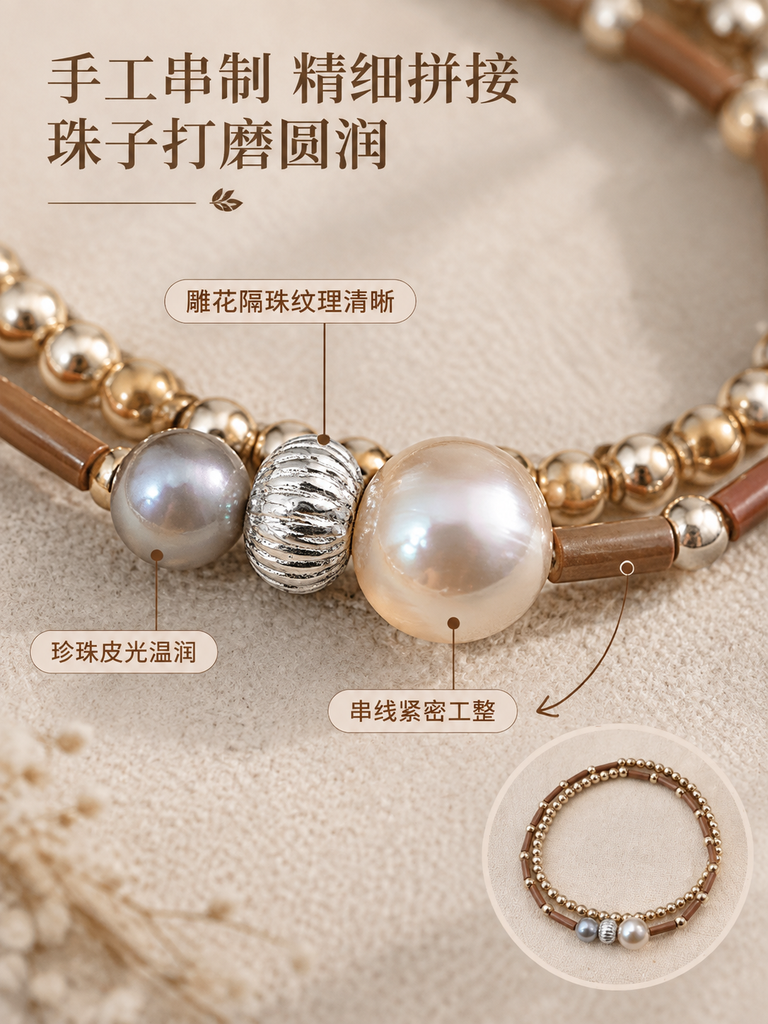 [商品] 使用【图1】【图2】焦糖棕撞色双圈珍珠手链；主画面放… - 图片创意预览