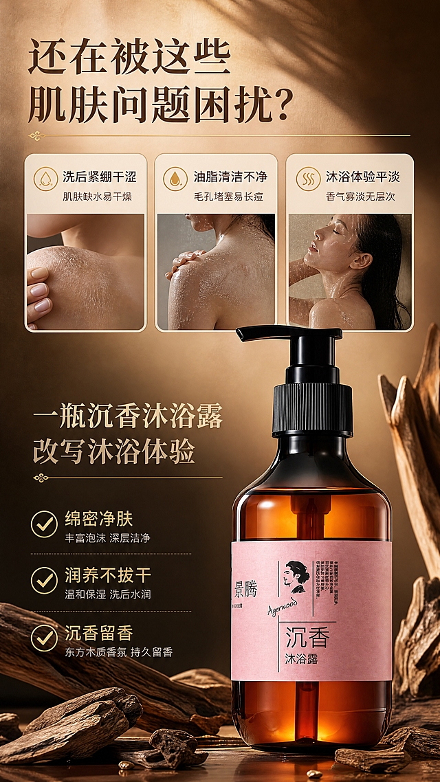 [商品] 使用【图1】景腾沉香沐浴露；保留琥珀棕玻璃瓶身、黑色按压泵头、粉色标签上的"景腾""沉香沐浴露"字样及全部标签元素，瓶身结构比例不变。
[画面] 目标：肌肤困扰匹配，引出产品价值。构图：左上方痛点文字区，右侧/下方产品大图；上半部分3张困扰小图卡片（干燥紧绷、出油黏腻、香气寡淡），下半部分产品居中，旁边配解决方案文字；阅读动线从上到下，从痛点到解决方案。前中后景三层：前景产品+沉香木装饰，中景痛点卡片，后景暖棕渐变背景。
[视觉] 套系策略：风格=东方轻奢高端商业摄影，新中式香氛美学；标题字=宋体衬线粗体，东方雅致；正文字=简洁无衬线体；主色=沉香棕+暖金；背景延展=浅棕到深棕的渐变、细腻木纹质感、柔光；强调色=鎏金色，仅用于小面积图标、引线和标签；标题色=深棕/暖金；正文色=中暖棕灰；组件=圆角痛点卡片、对勾图标、细线分割；光影=左前侧暖柔光，产品清晰有质感。
[文字] 顶部主标题"还在被这些肌肤问题困扰？"；3个痛点卡片横排："洗后紧绷干涩""油脂清洁不净""沐浴体验平淡"；下方过渡语"一瓶沉香沐浴露 改写沐浴体验"；底部3个利益点："绵密净肤""润养不拔干""沉香留香"；文字均为横排。
[规格] 图片比例9:16竖版，4K，负向提示：避免变形、错字、文字过小、医疗功效表述、冷色调、瓶身失真。