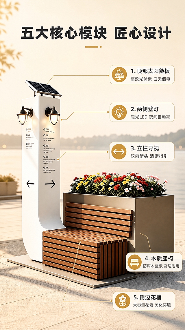 [商品] 使用【图1】太阳能花箱座椅导视牌；保留白色立柱+顶部太阳能板+两侧复古壁灯+双向箭头导视+木质条纹座椅+右侧花箱的完整结构，保留颜色材质比例和商品本体文字。
[画面] 目标：结构解析页，引线标注五大核心模块及功能收益。构图：产品主体居中偏左占画面55%，右侧和周围分布引线标注。景别：全景略仰视角。信息载体：细线引线+圆角信息卡。背景：浅暖米渐变背景，带淡淡的湖滨虚化剪影。
[视觉] 套系策略：风格=现代简约户外景观商业摄影；标题字=粗黑体；正文字=简洁无衬线黑体；主色=暖米白+深木棕；背景延展=基于暖米白做深浅层级、同色渐变和石材/木纹质感；强调色=暖金色，仅用于小面积图标、引线和标签；标题色=深炭灰；正文色=中暖灰；组件=圆角浅底信息卡、细线引线、图标标签；光影=左前侧暖柔光，产品立体感强。
[文字] 顶部主标题「五大核心模块 匠心设计」，从产品各部位引出5条标注线：1.顶部太阳能板「高效光伏板 白天储电」、2.两侧壁灯「暖光LED 夜间自动亮」、3.立柱导视「双向箭头 清晰指引」、4.木质座椅「防腐木坐板 舒适耐用」、5.侧边花箱「大容量花箱 美化环境」。文字全部横向排版，不遮挡产品关键部位。
[规格] 图片比例9:16竖版，4K分辨率，负向提示：避免变形、错字、文字过小、产品结构改变、冷蓝灰主色调、白底无层次。