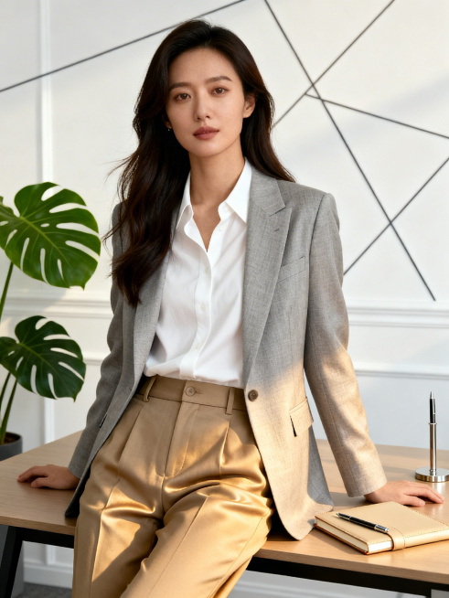 知性优雅的亦舒女郎职场肖像，独立自信的都市女性，白衬衫搭配剪裁精良的浅灰色西装外套和卡其烟管裤，坐在简约办公室书桌前，氛围感拉满，专业优雅气质预览效果