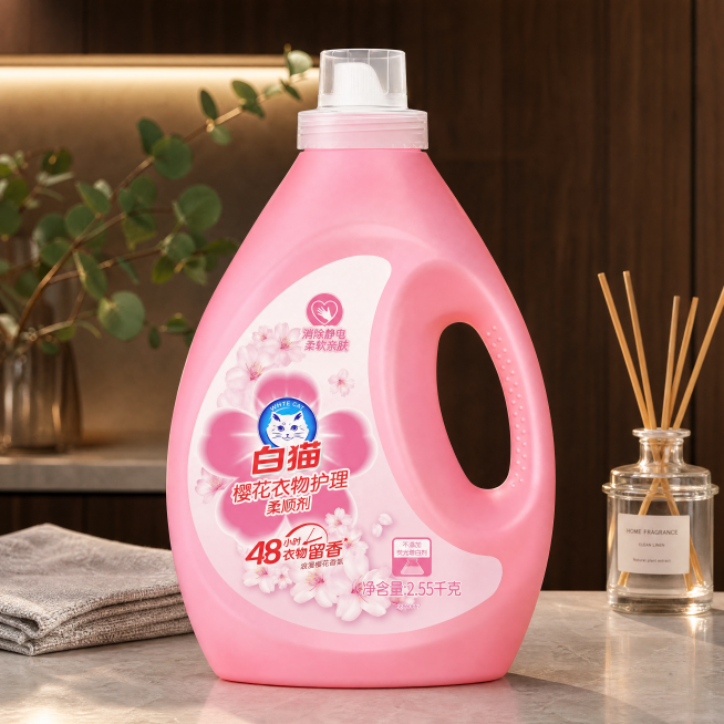超写实电商产品摄影。
主体：衣物柔顺剂严格参照上传产品图，完整保留所有可见组件、部件、轮廓、结构、比例、材质、颜色与产品本体上的文字信息（logo / 型号 / 规格 / 参数等），与上传图完全一致；预览效果