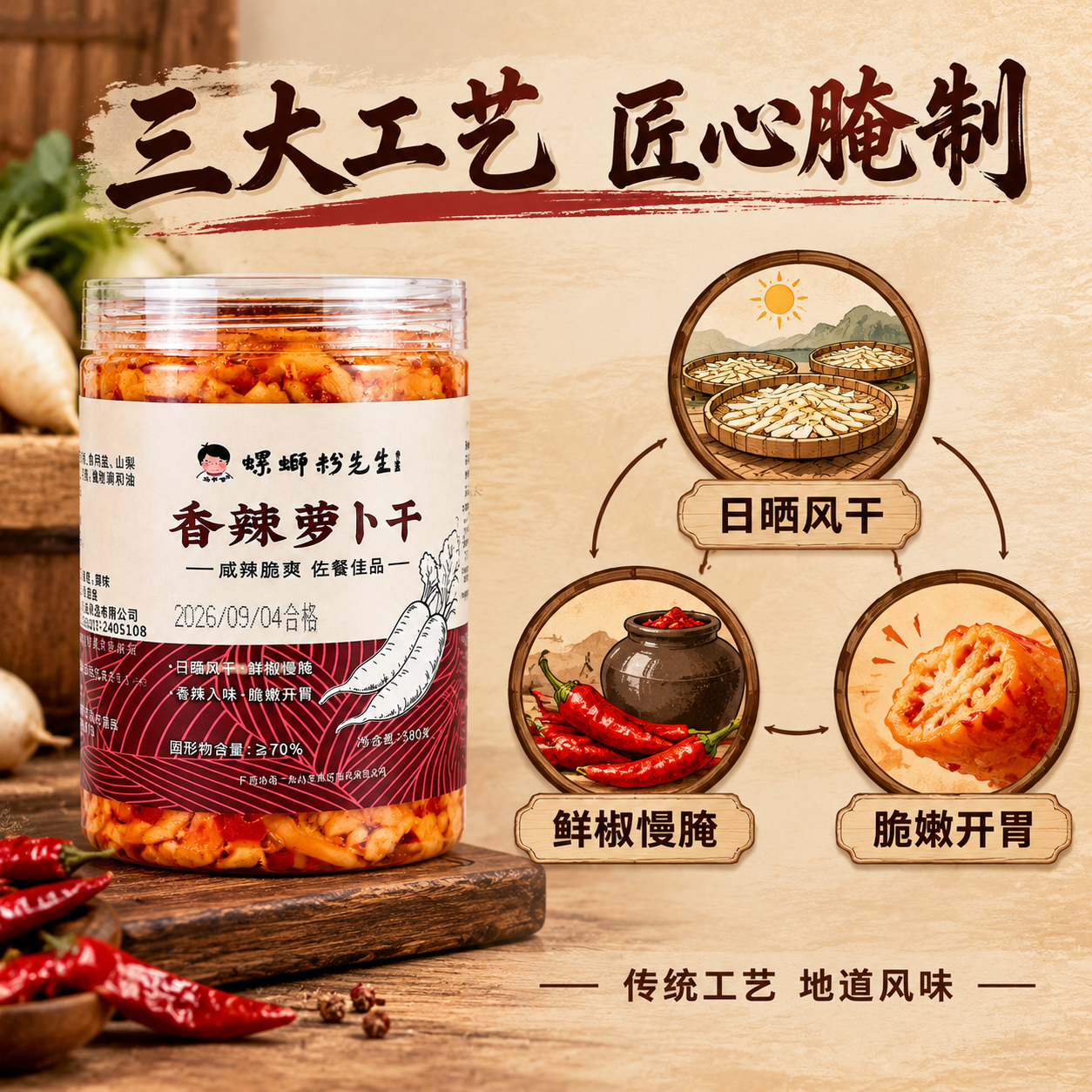 [主图-2] 核心亮点与工艺 萝卜干制作工艺溯源图。 [统一基… - 图片创意预览